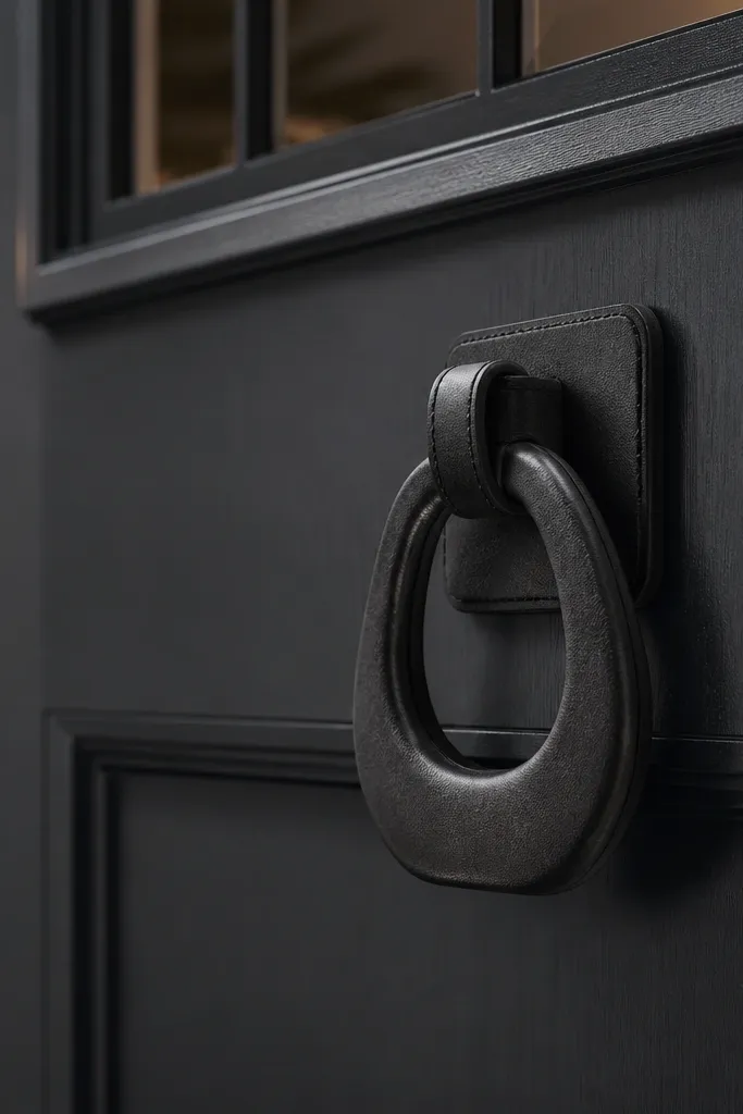 Matte black faux leather door knocker on a front door panel