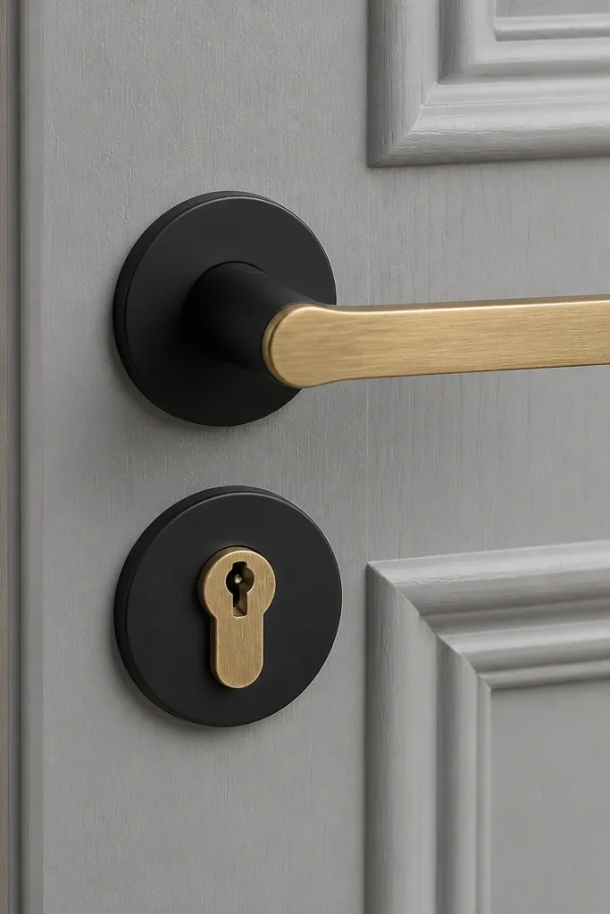 Matte black handle and lock covers on a front door with clean edges
