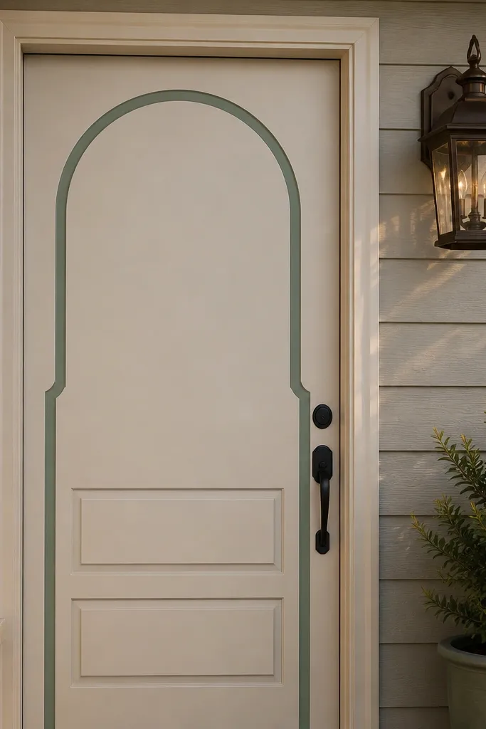 Arch outline decal in soft sage around a door window area