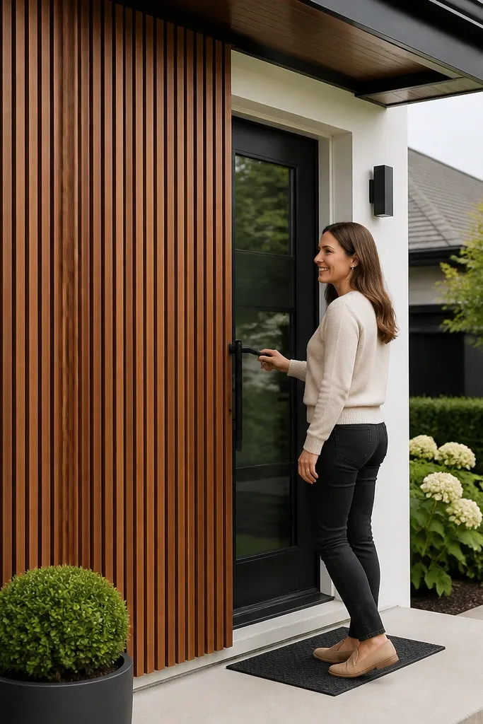 Matte black-brown vertical wood slats over a small entry wall