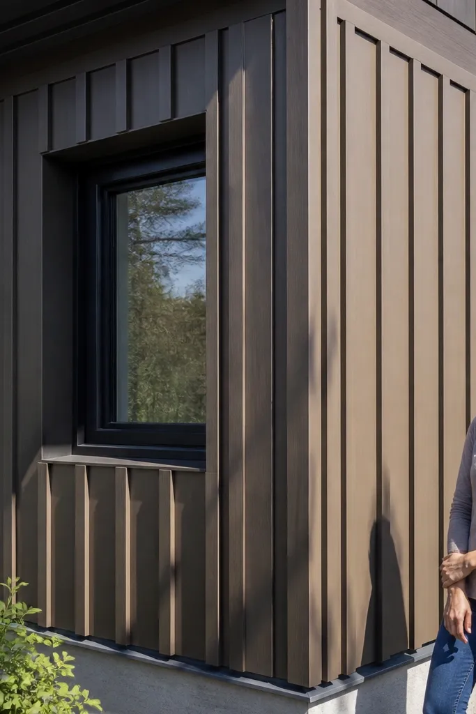 Warm gray board-and-batten style facade panel with crisp vertical lines