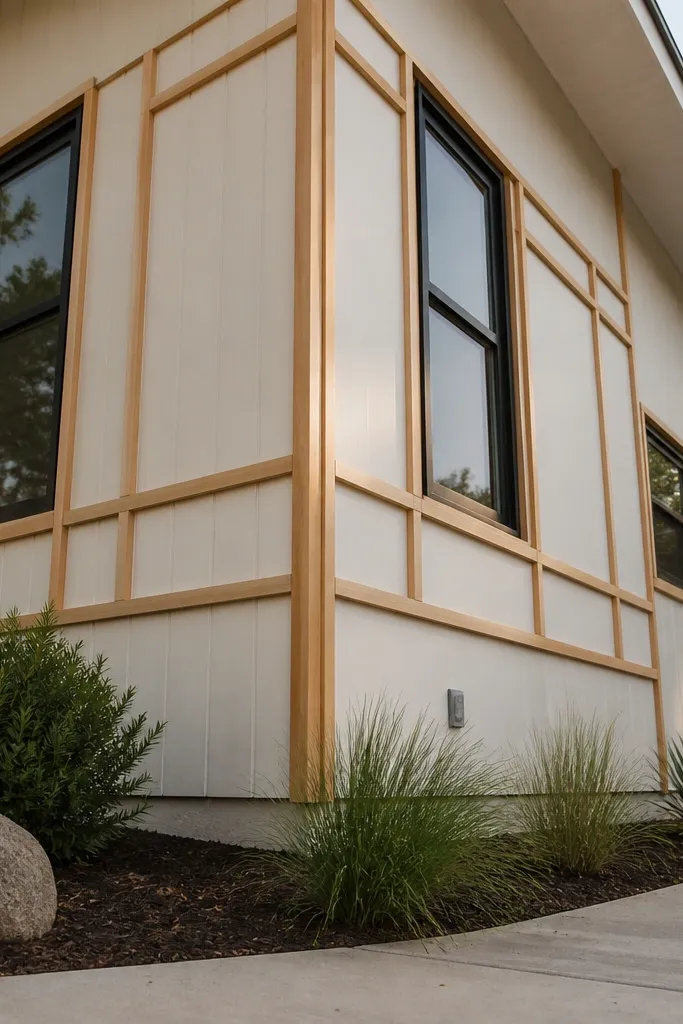 Black-brown wood grid frames around a window with matte finish
