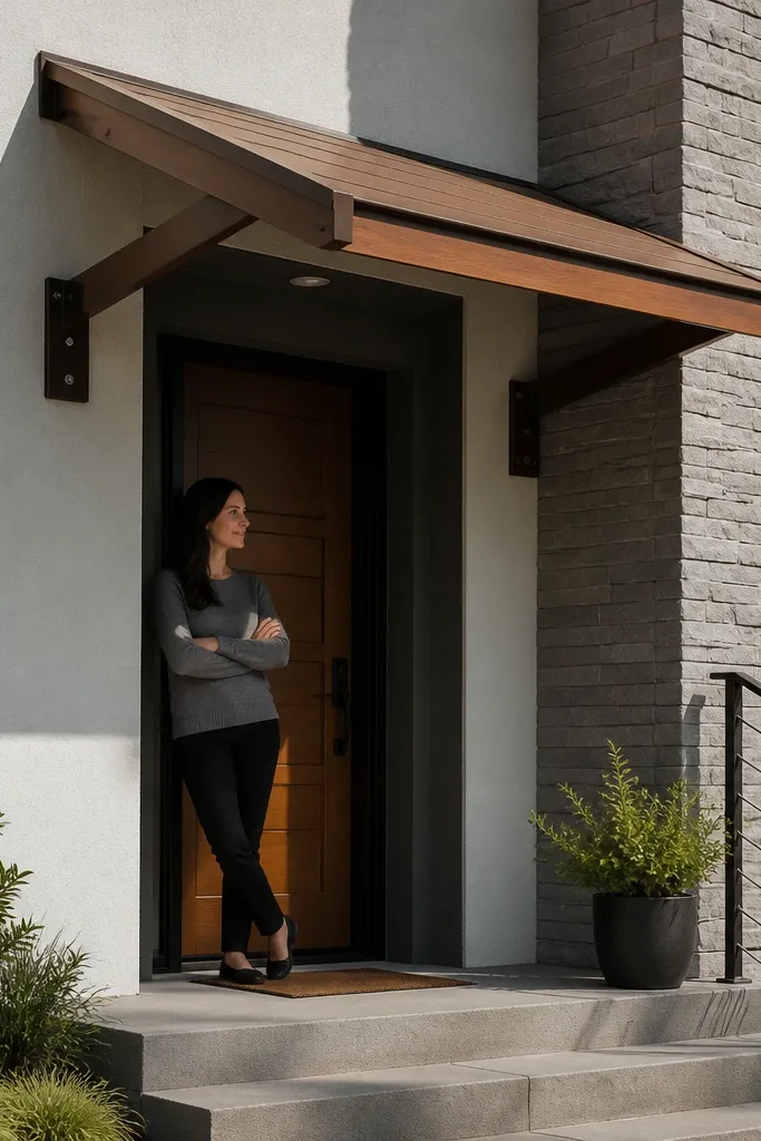 Slanted matte wood canopy above a front door with clean supports