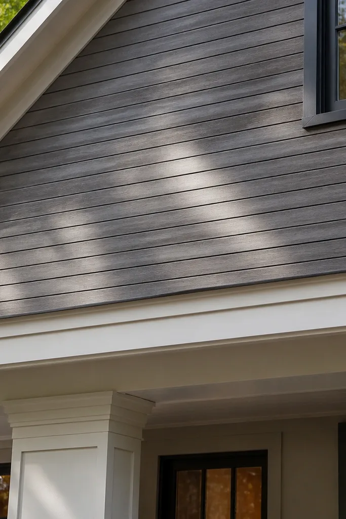 Matte warm-gray shiplap accent panel beside a door with even gaps