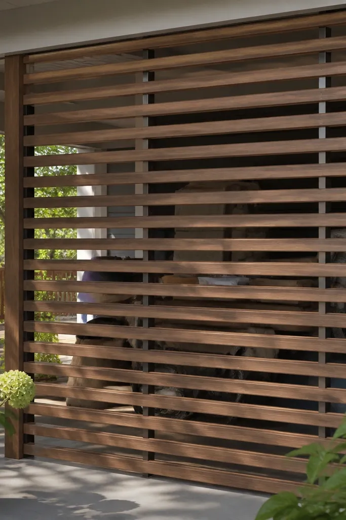 Louver-style angled wood slats forming a modern porch divider