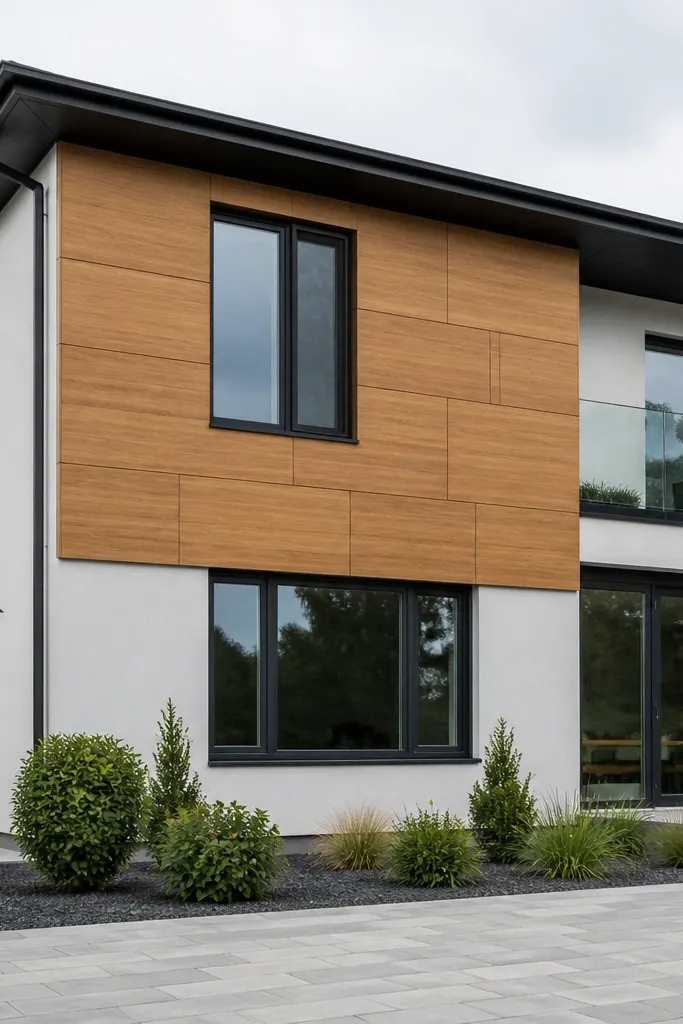 Stacked rectangular wood panel skins with matte finish on a facade wall
