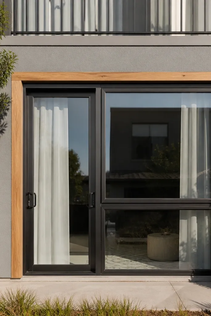 Warm wood border trim framing a facade bay with clean corners