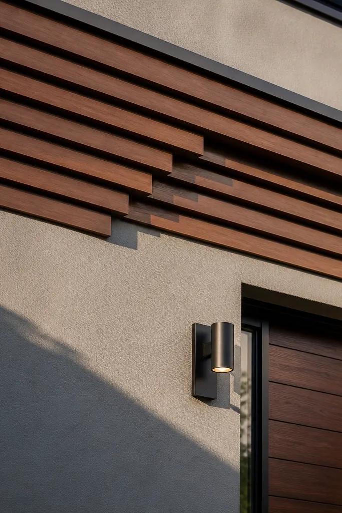 Horizontal wood slat band with step-like offsets across a facade wall