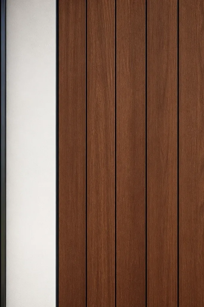 Matte vertical wood ledger boards with straight edges on a facade wall