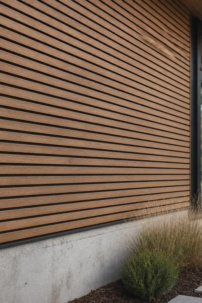 Horizontal wood slats mounted on a porch wall with even spacing