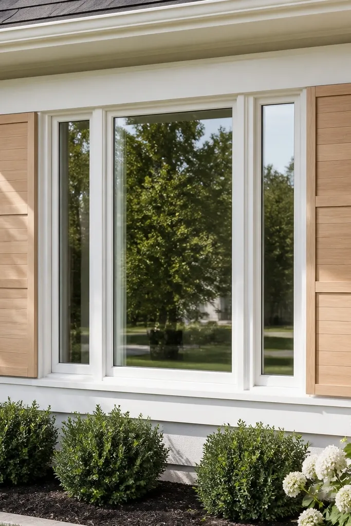 Modern shutter-style frames with wood panels beside a window