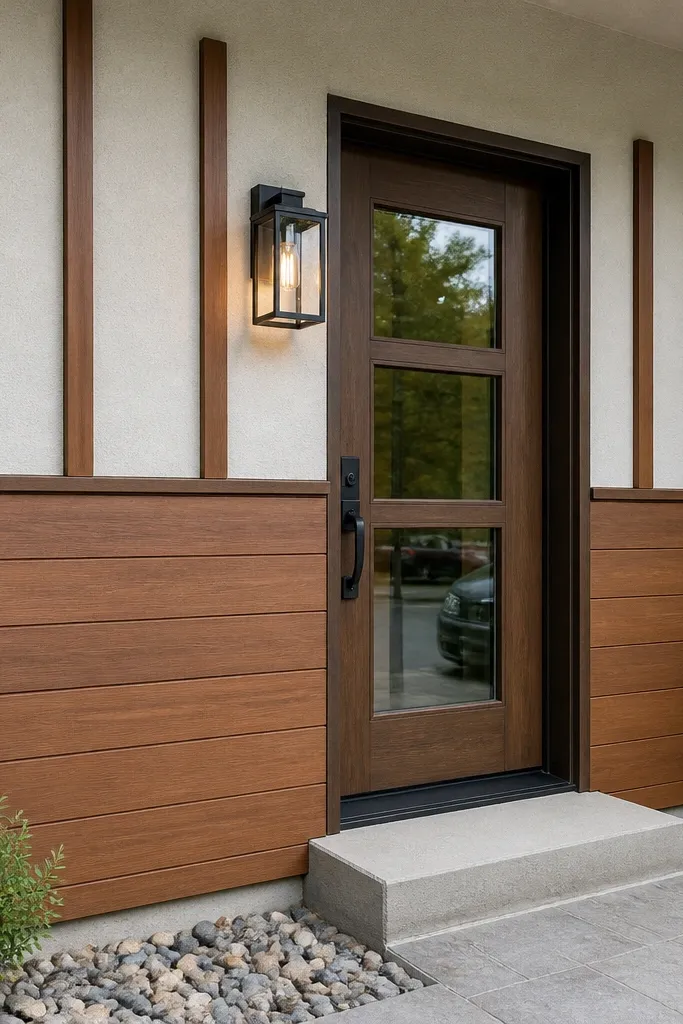 Half-height wood cladding with vertical reveal strips on a porch wall
