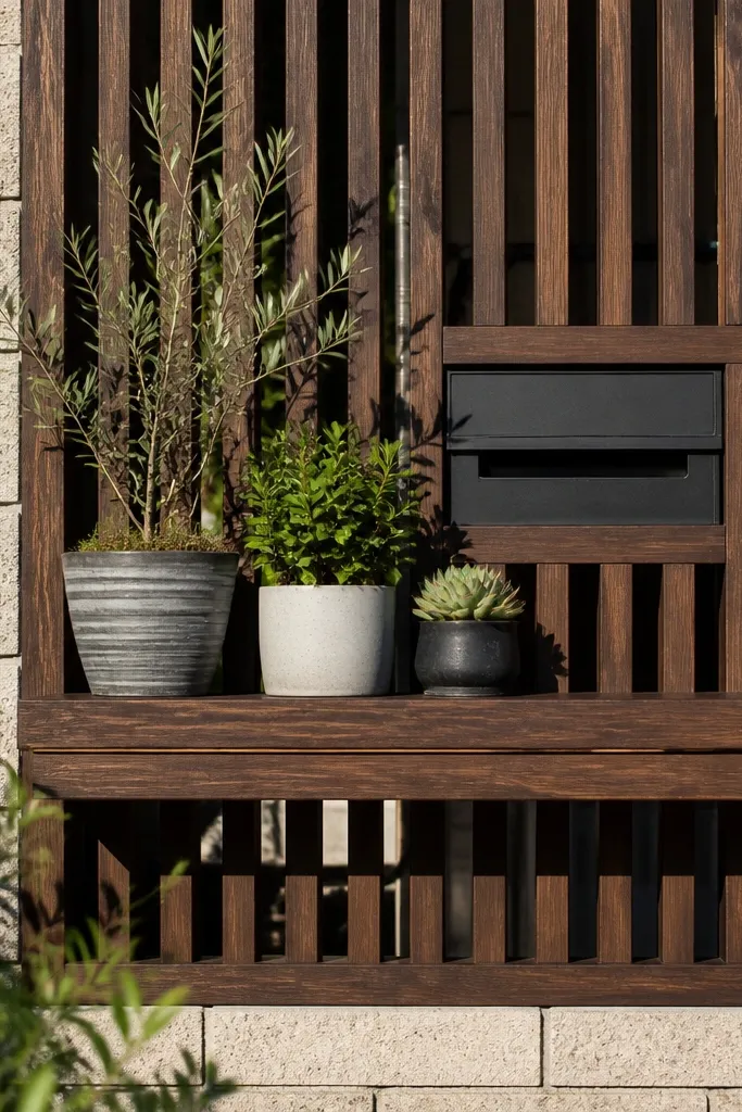 Wood slat feature wall panel with built-in mail and planter shelf look