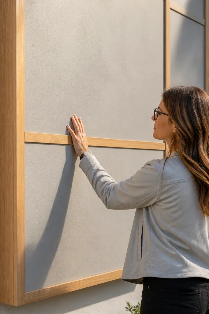 Rigid panel with wood edge banding and matte finish on a facade section