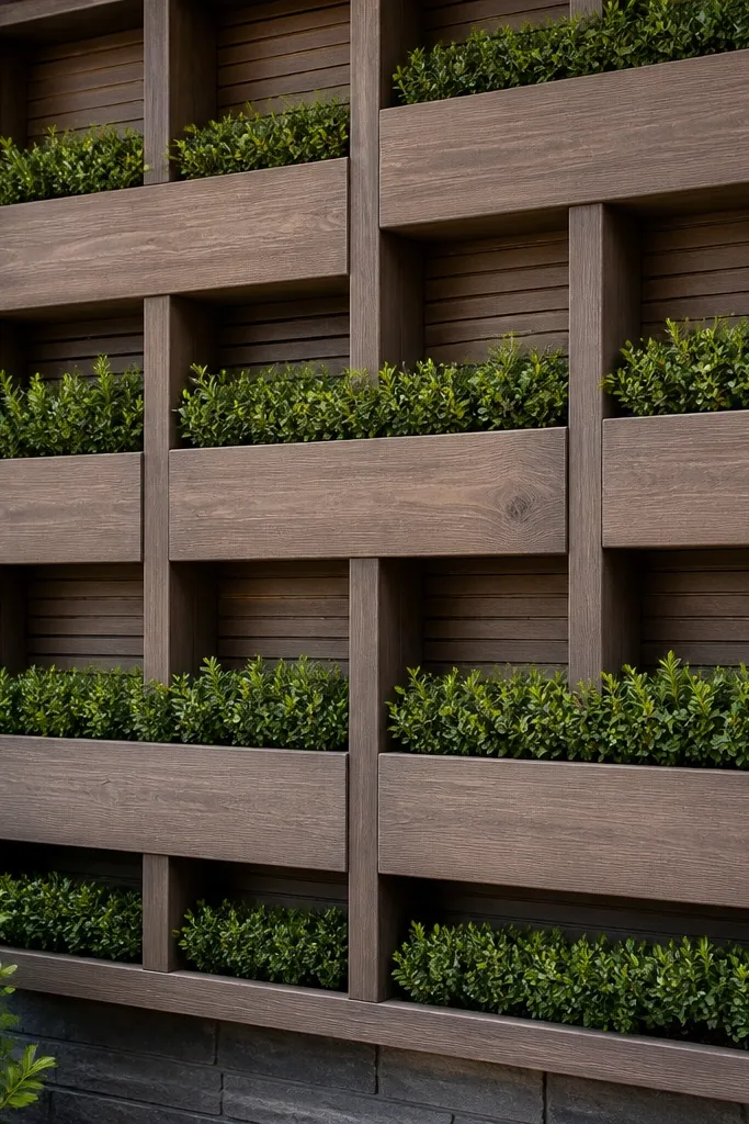 Modern stacked wood planter boxes built into a slat facade panel