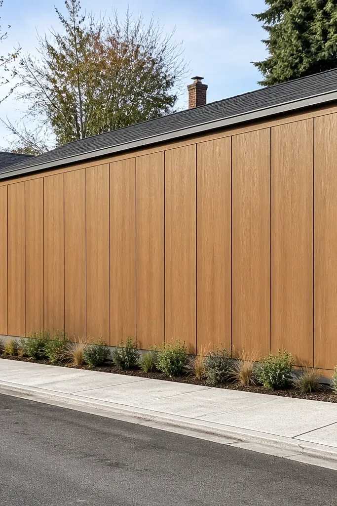 Vertical wood panel cladding over a garage side with consistent shadow seams