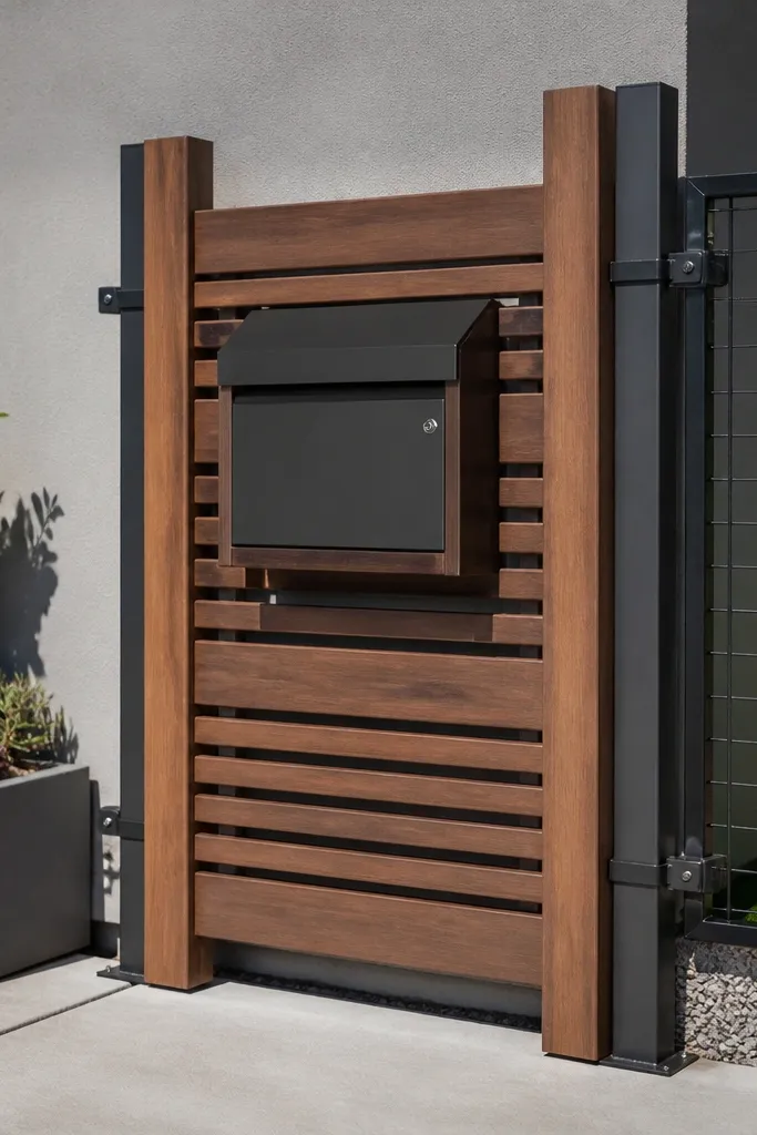 Wood slat mailbox surround with vertical columns and matte finish