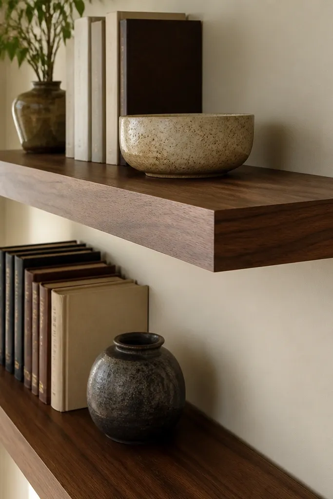 White shelves with a thin dark shadow line under the top edge above a gray sofa