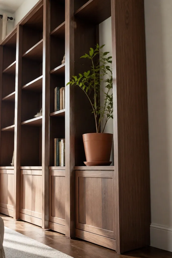 Tall shelf unit with books and framed photos, straps hidden behind decor