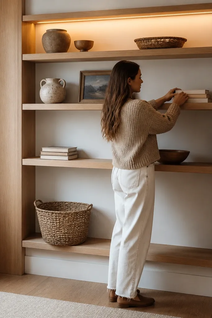 Shelving with side panels that box the unit in and hide the wall seam