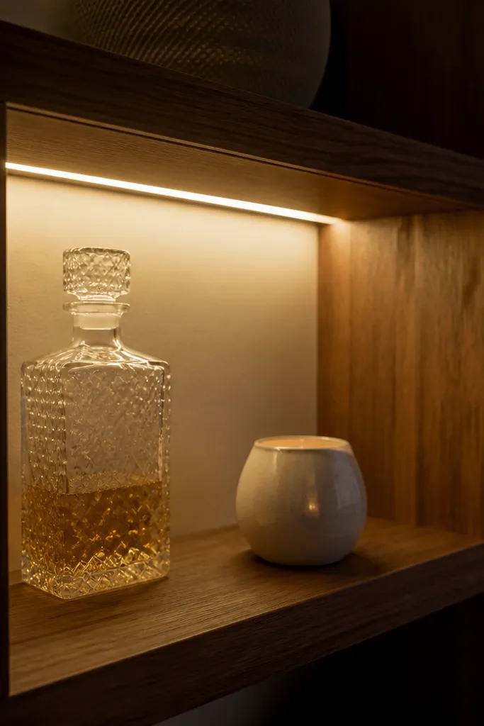 Warm LED strip glowing under a top shelf with books and framed art below