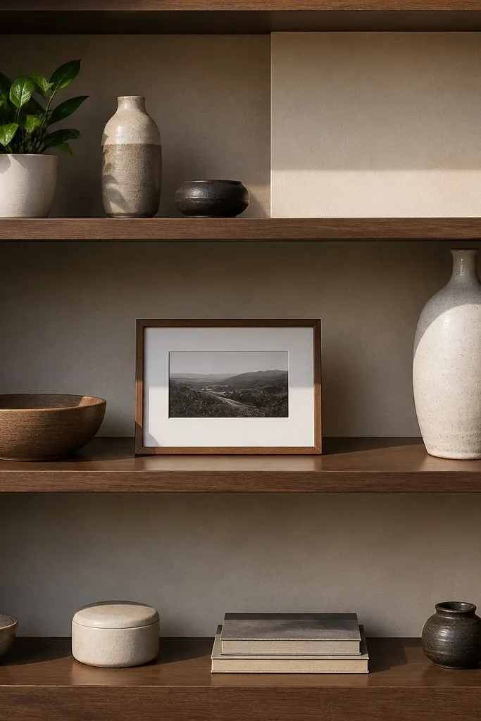 Books and decor arranged in alternating heights with one empty space section on each shelf
