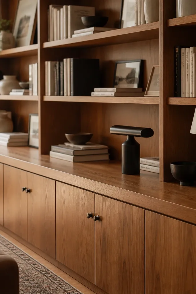 Neutral beige and black decor with one warm wood basket and cream books on shelves
