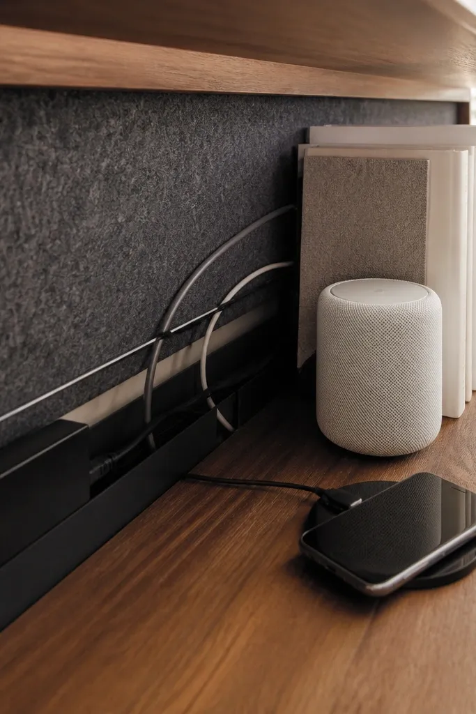 Shelf with a device hidden behind decor and a cable routed neatly along the back