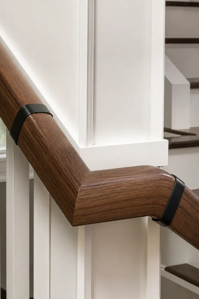 Dark walnut wood handrail wrapped with black band clamps on a staircase banister