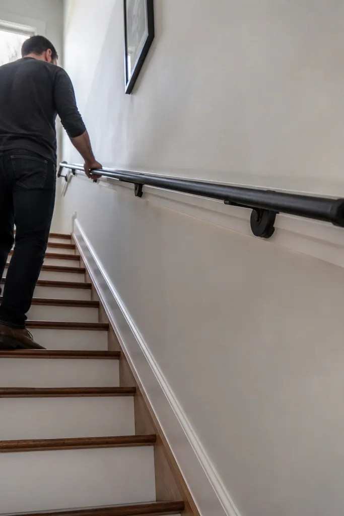 Matte black pipe handrail with small brackets mounted along a stair wall