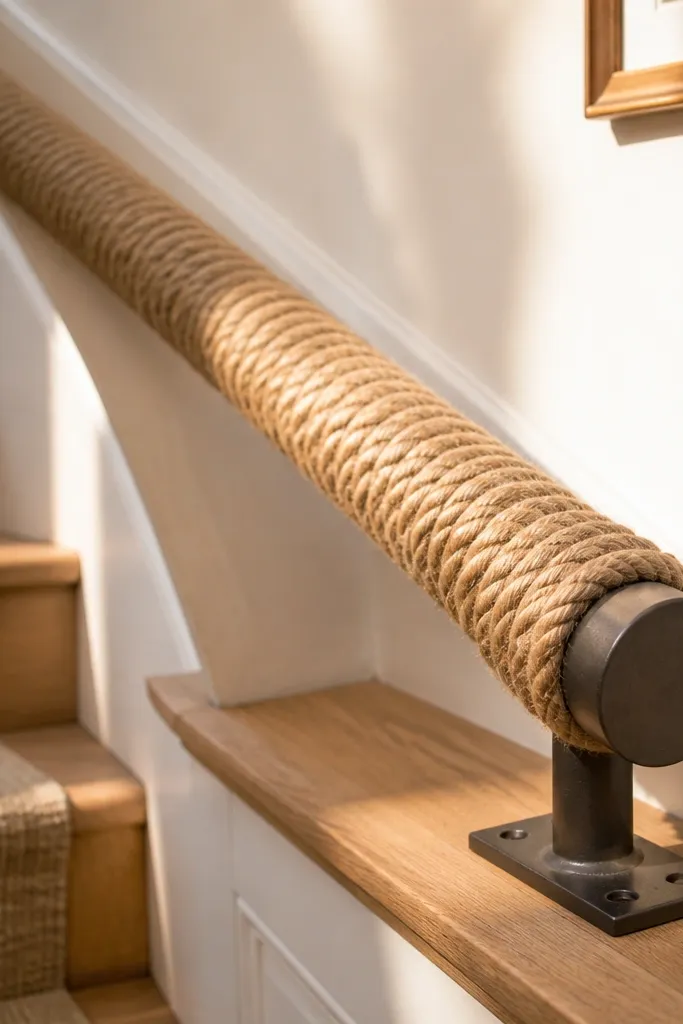 Natural rope wrapped around a handrail with black clamps on a staircase