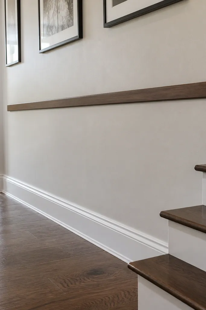 Light wood-look handrail stuck to a stair wall with minimal visible mounts