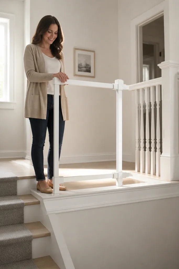 White handrail with corner blocks holding it in place on a stair landing