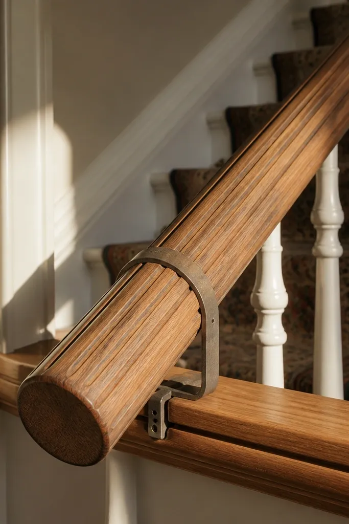 Carved wood handrail with decorative U-brackets clamped to stair banister