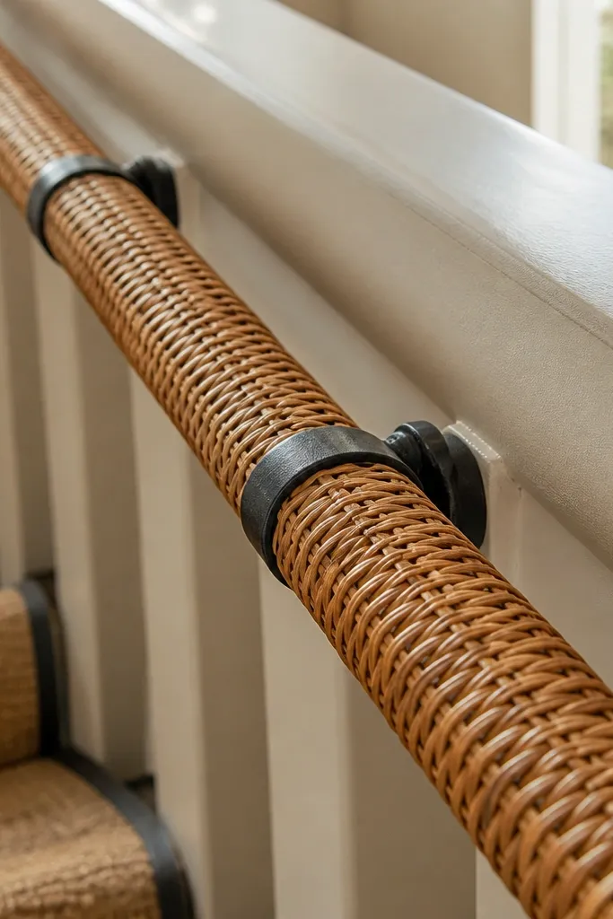 Rattan-wrapped dowel handrail on clamp mounts along a staircase