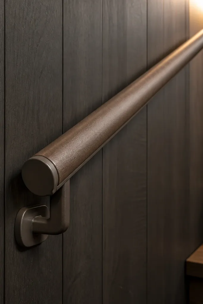 Faux leather wrapped handrail with snap-on end caps on a stair