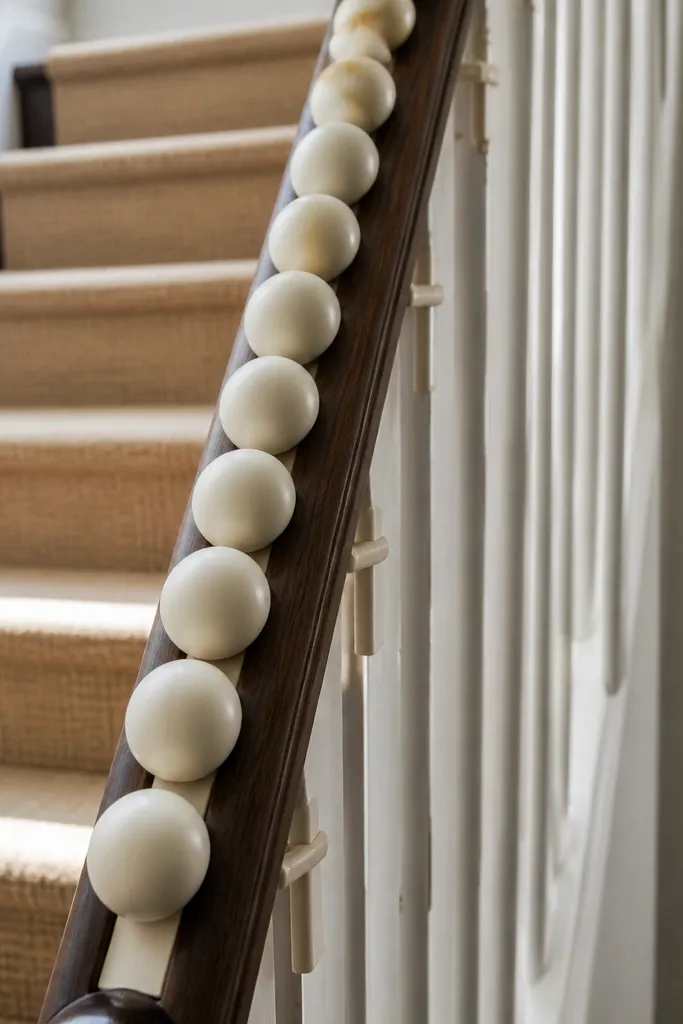 Beaded handrail line attached with small clips along stair spindles