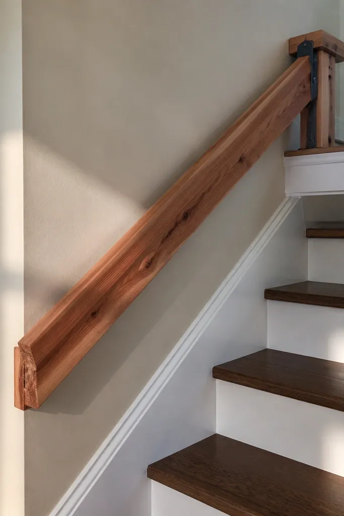 Cedar plank handrail held by temporary corner cleats on a stair