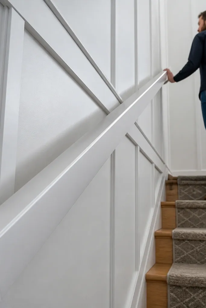 Painted metal handrail with snap-on cover channel hiding the mounts