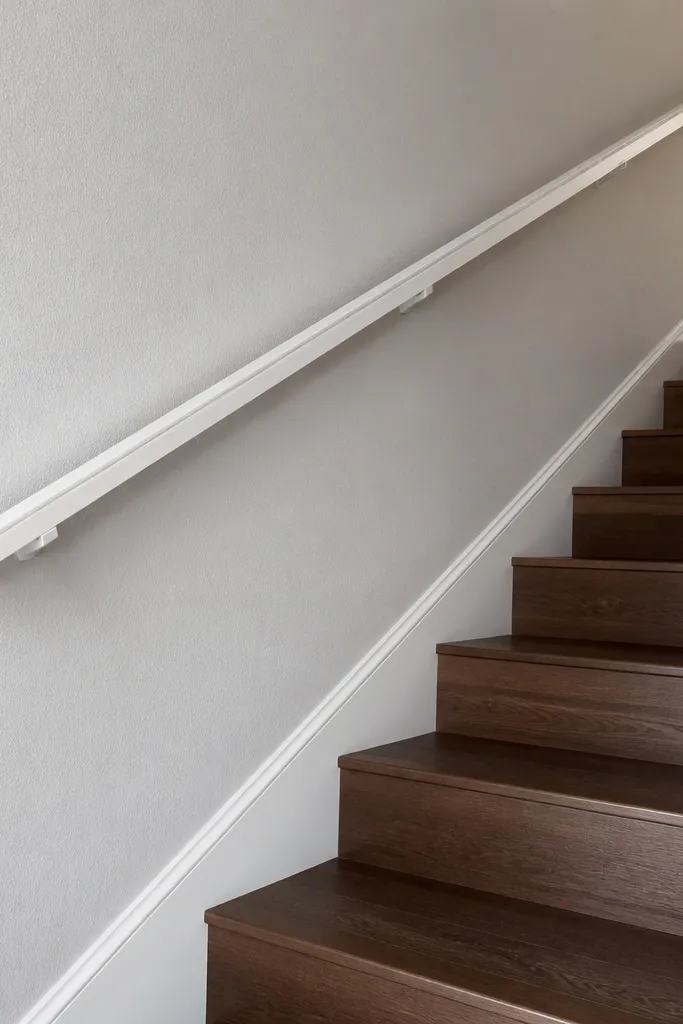 Handrail on stair wall using removable brackets and hidden rail tape