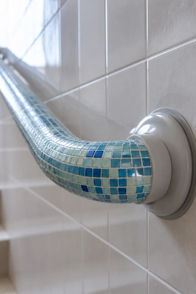 Small mosaic-tile handrail set on a stair with removable suction base mounts
