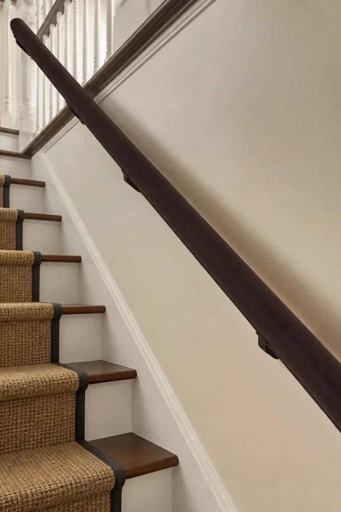Soft velvet-covered foam handrail on staircase with clamp mounts