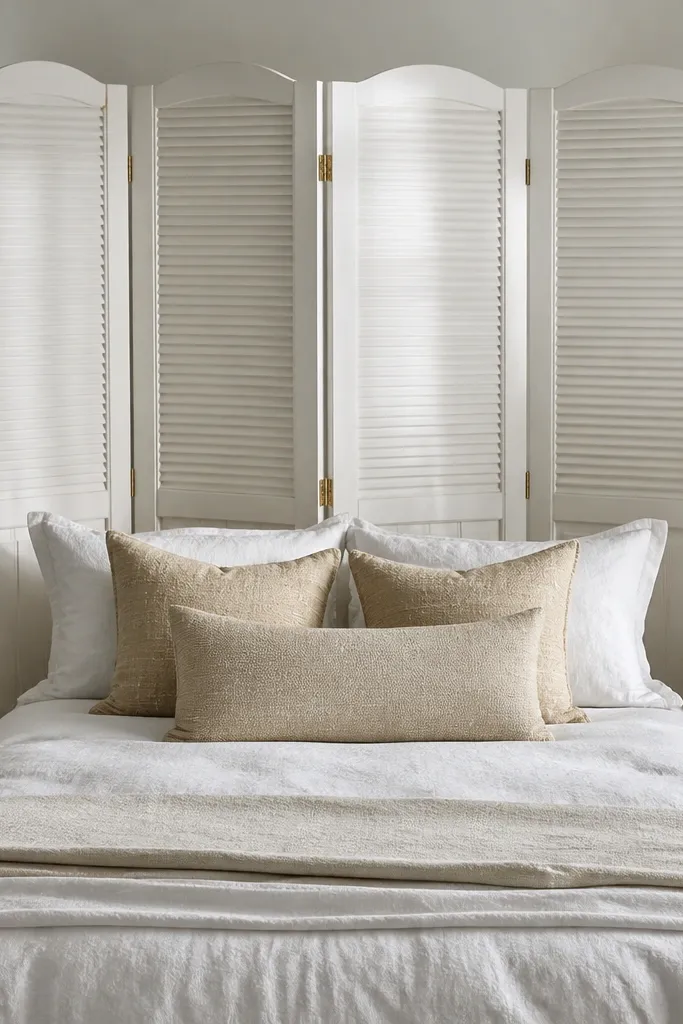 White folding room screen panel set behind a bed with pillows centered