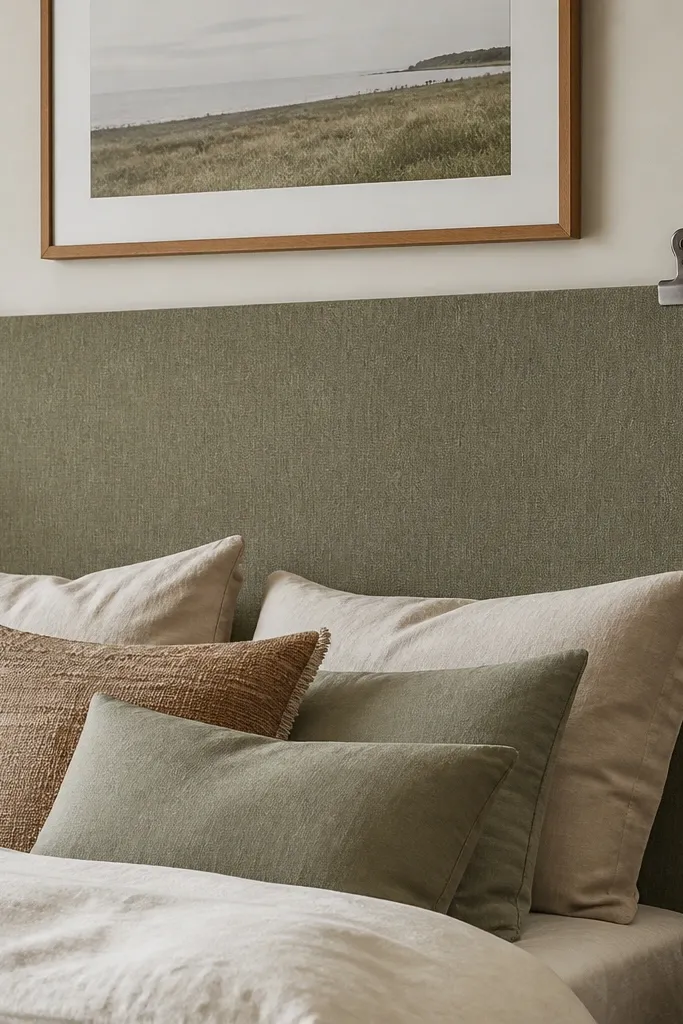 Fabric-covered foam board panel clipped behind bed with a clean top edge
