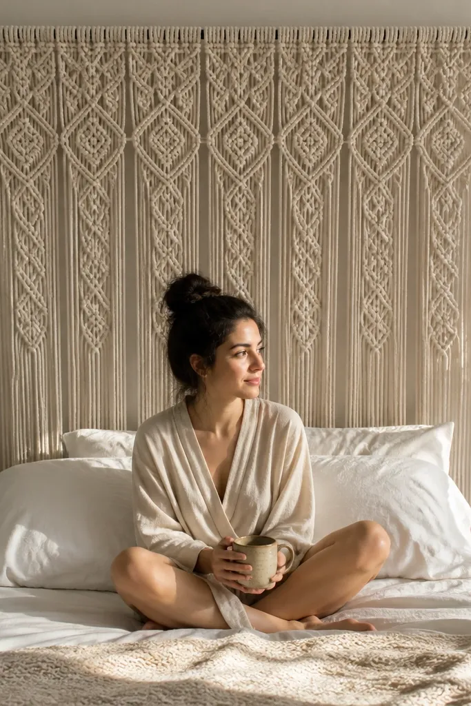 Neutral macramé curtain hung on a tension rod behind bed