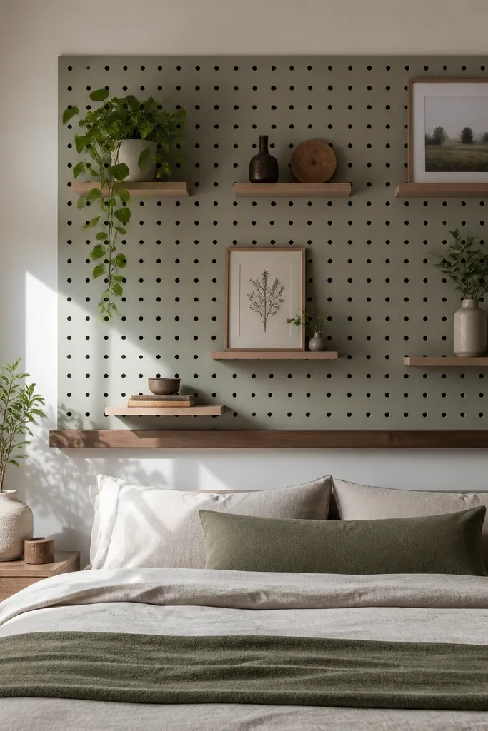 Painted pegboard panel behind bed with hooks removed and decor arranged