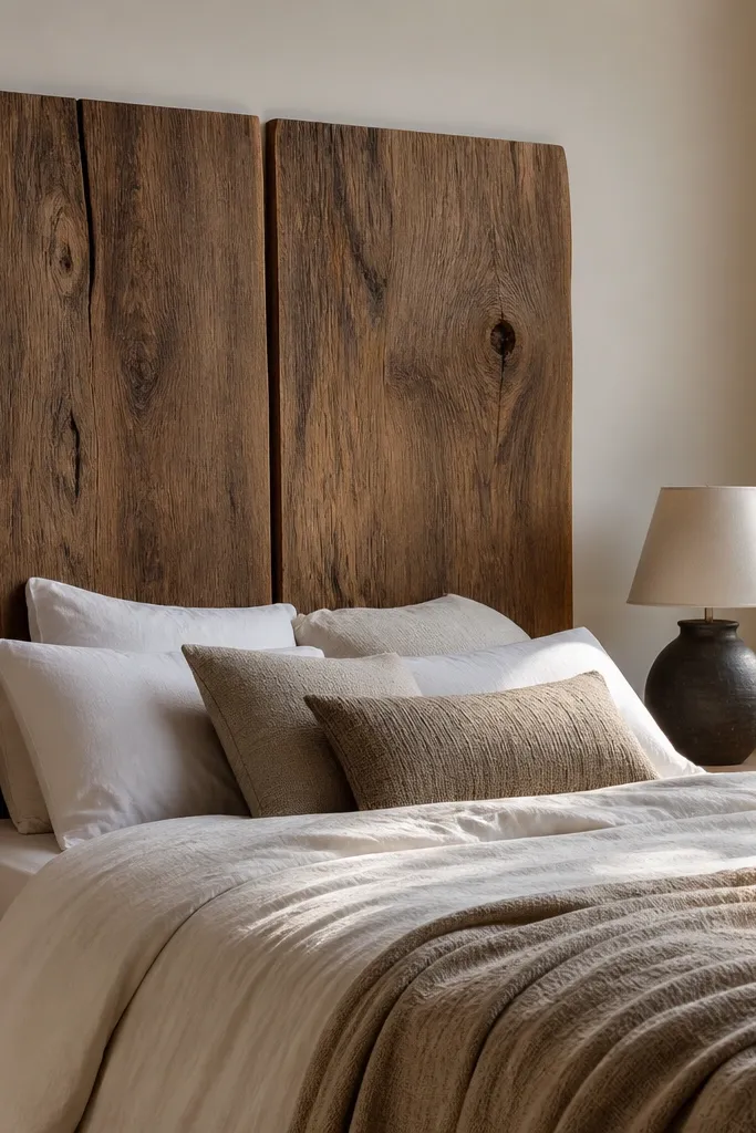 Two wooden panels leaning behind bed like a headboard with neutral bedding
