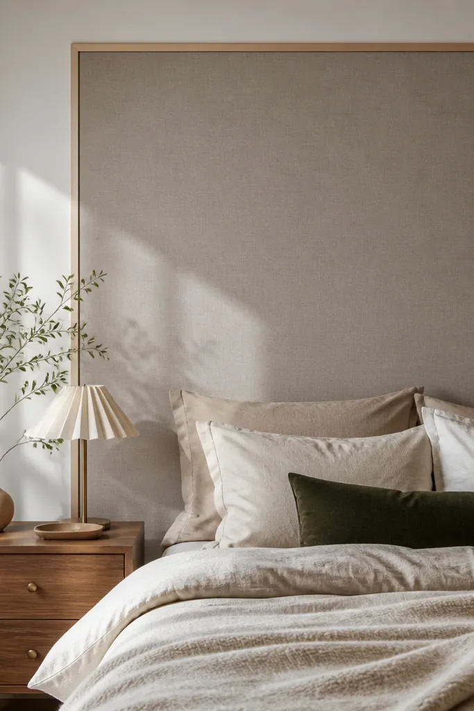 Wallpaper panel with a thin frame behind bed in a renter-friendly setup