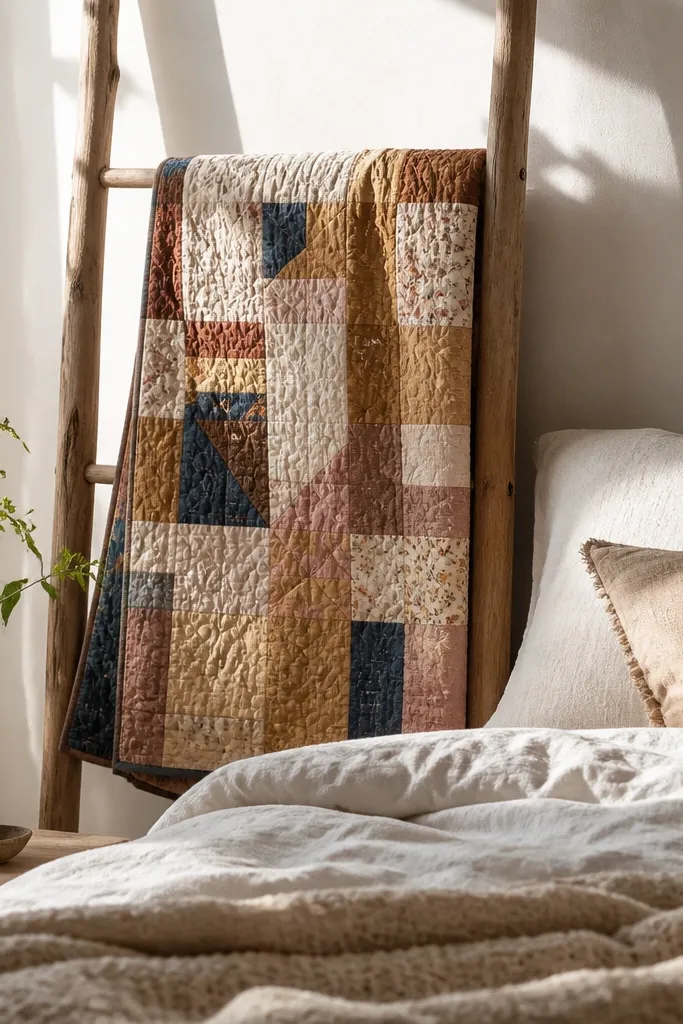 Quilted throw hanging from a simple ladder rail behind bed