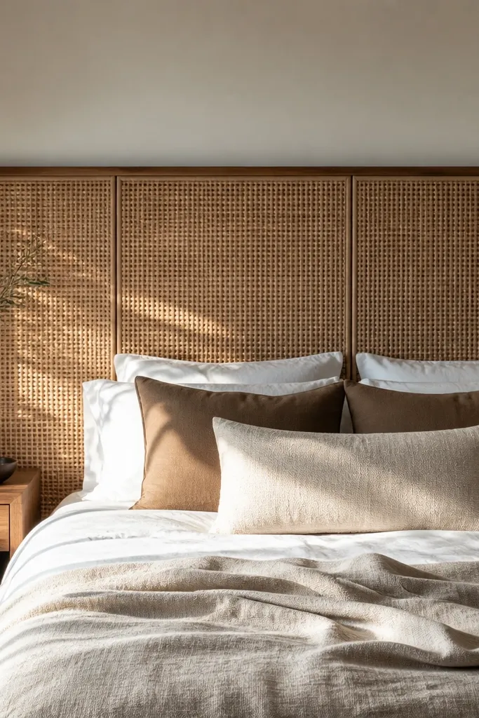 Woven rattan panel mounted behind bed with a clean top line